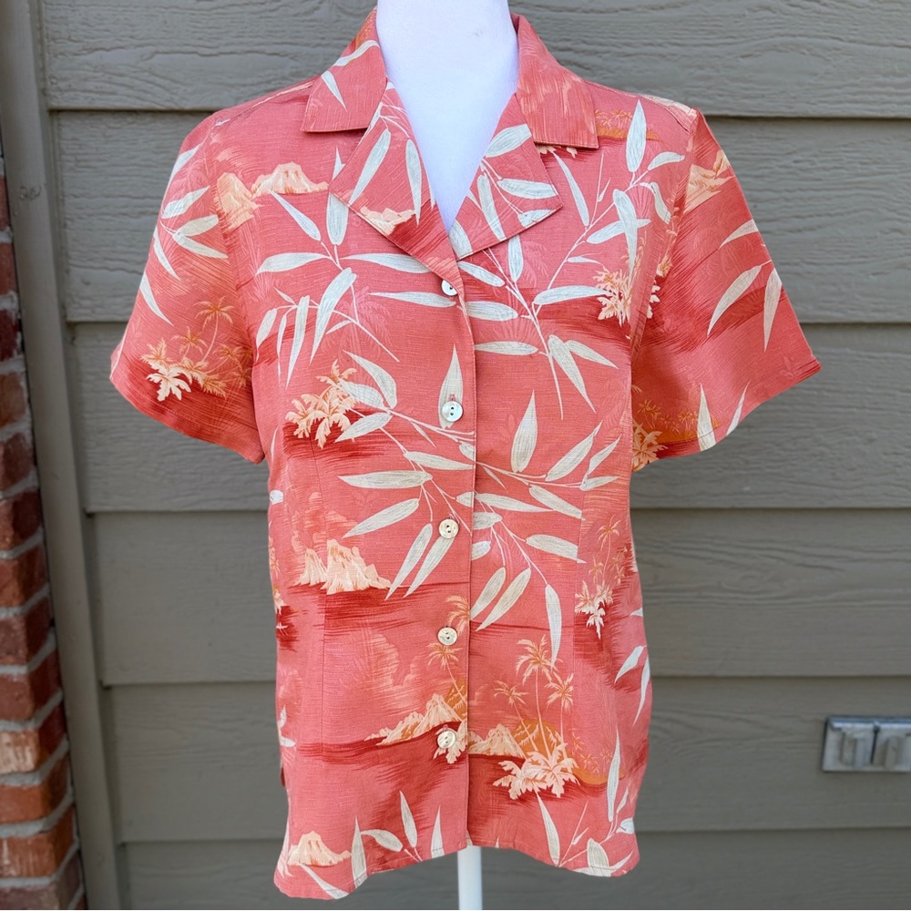 Tommy Bahama 100% Silk Floral Camp Shirt Short Sleeves Orange Vacation Resort - Picture 2 of 11